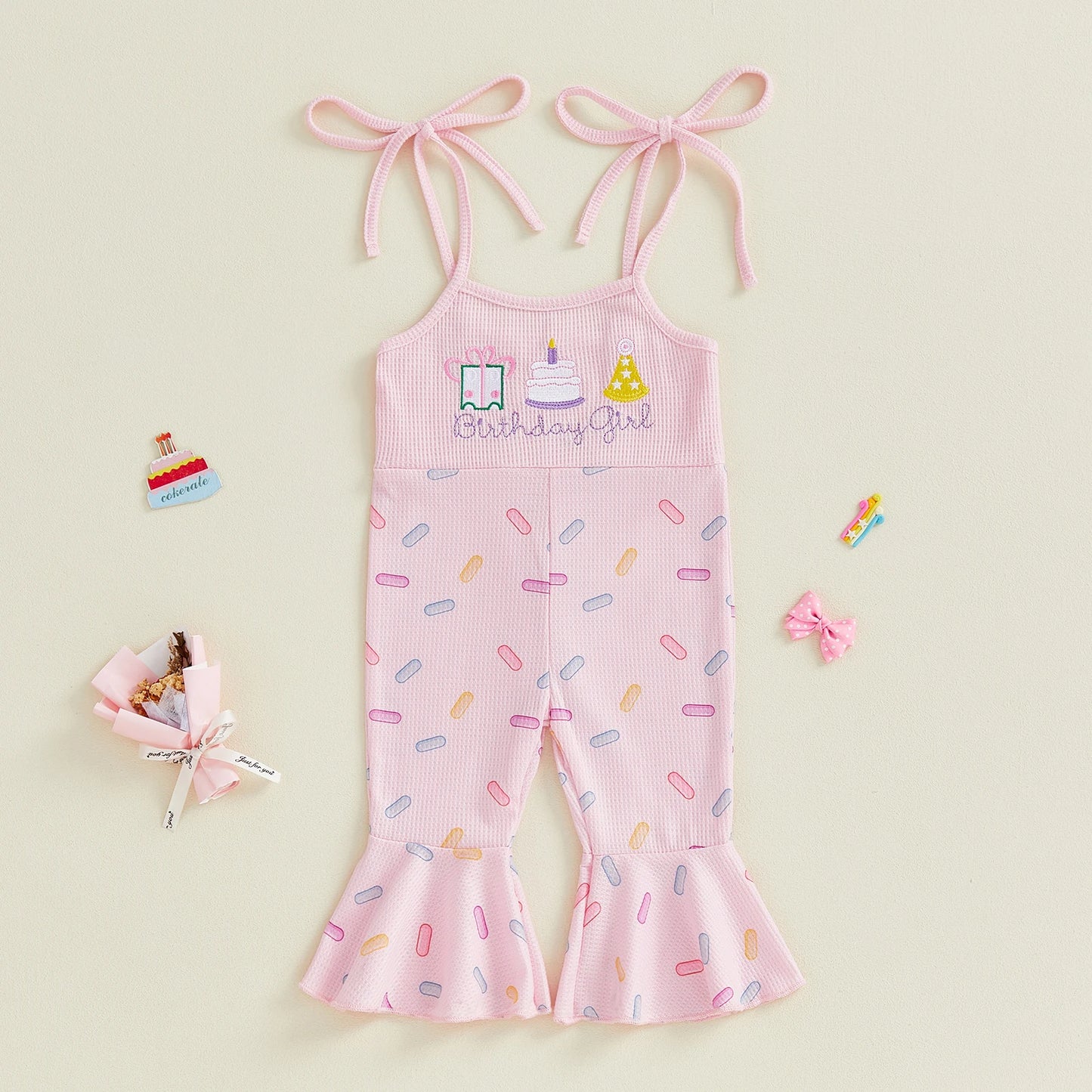 Toddler Girls Birthday Overalls Jumpsuit - Cake Embroidery Sleeveless Bell Bottom Flare Pants