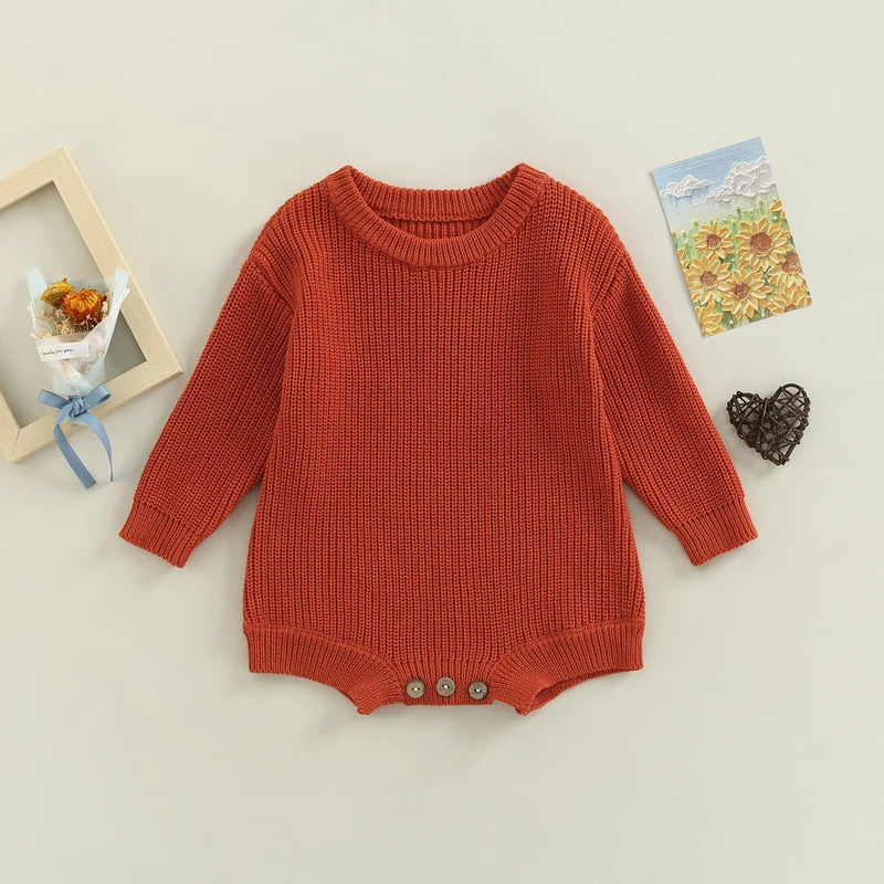 Baby Sweater Romper - Solid Knitted Long Sleeve Pullover Jumpsuit