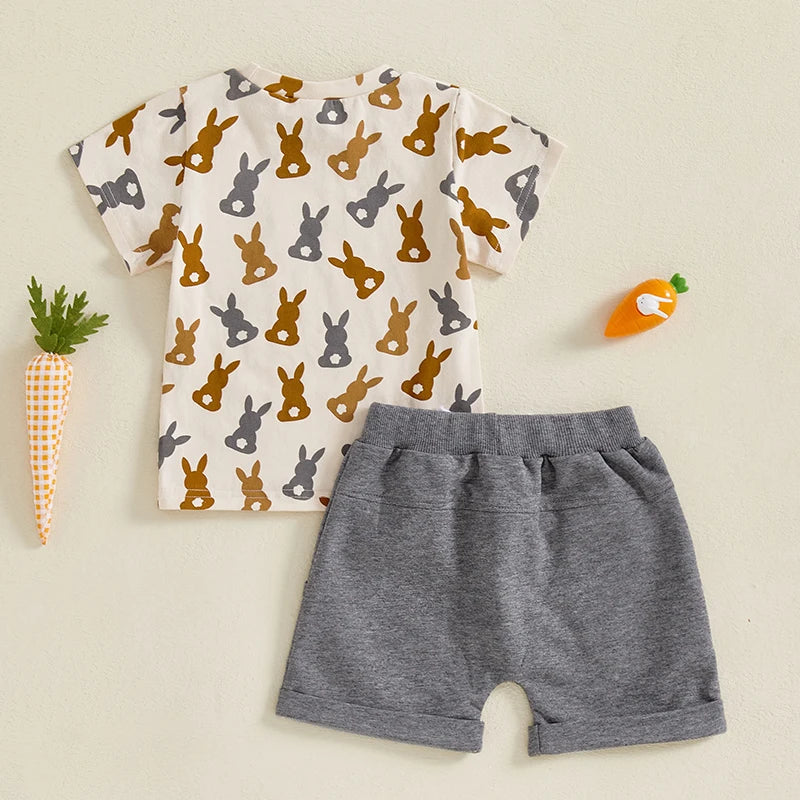 Toddler Baby Boys' Easter Outfit Set - Rabbit Print Short Sleeve T-Shirt & Shorts with Pockets 2pcs
