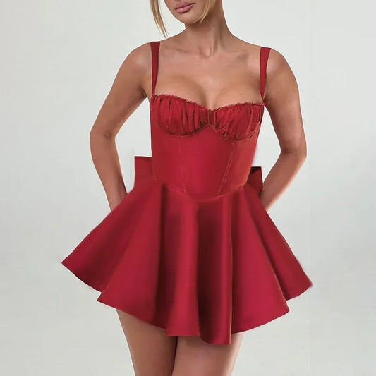 Women's Bows Spaghetti Strap Plunge Bodycon Mini  Zipper A-Line Backless Folds Party Dress