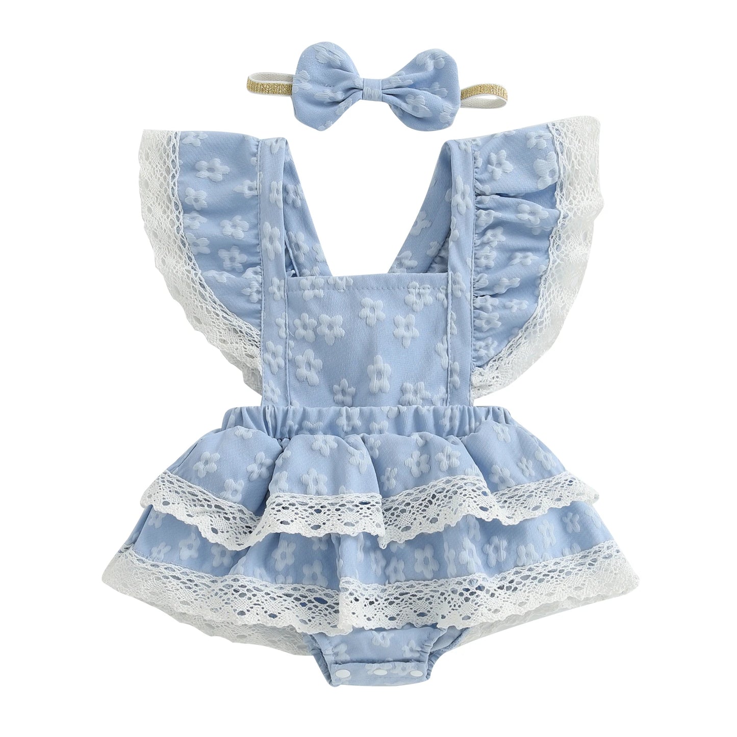 Baby Girls Summer Romper Dress - Flying Sleeve Square Neck Floral Print with Bow Headband (0-18M)