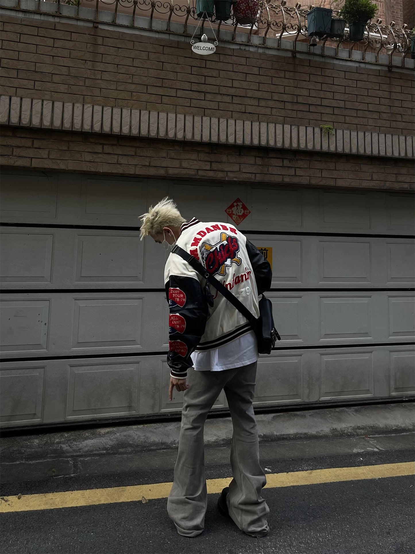 Men's Vintage Flocked Embroidery Patchwork Varsity PU Leather Sleeve Baseball Jacket