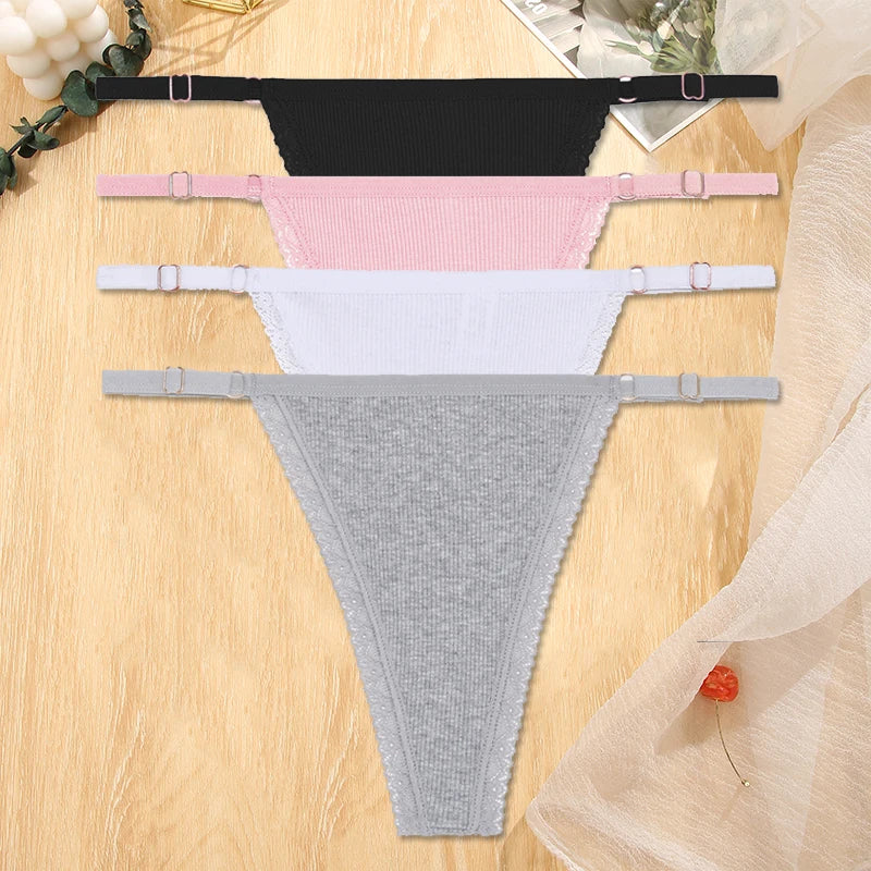 Women's Cotton Thongs 4-Piece Set - Adjustable Waistband Low-Rise Underwear