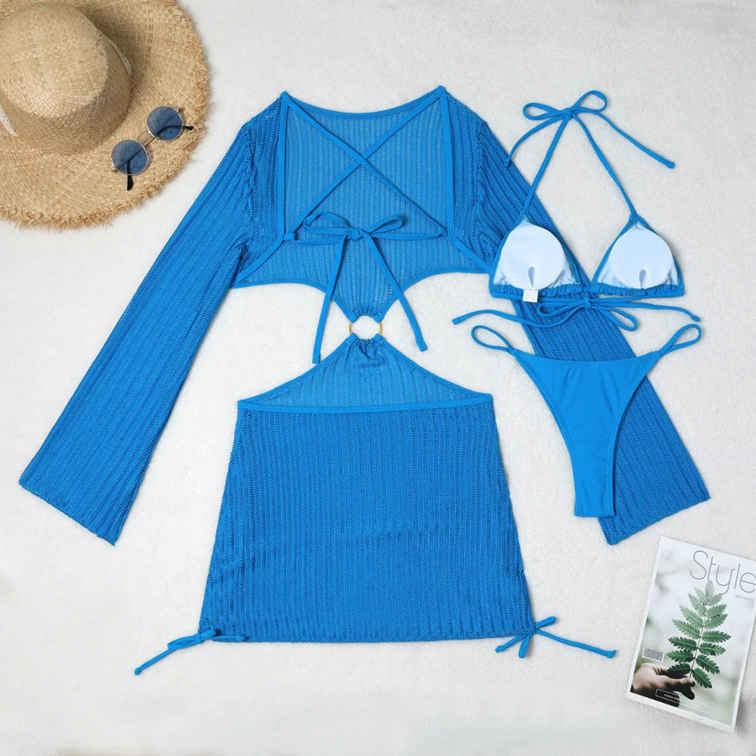 Women's Halter Bikini Set with Long Sleeve Cover-Up | Three-Piece Wire-Free Padded Swimwear