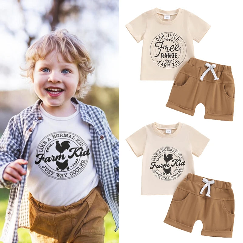 0-3Y Infant Baby Boys Summer Clothes Sets - 2pcs Short Sleeve Letter Farm Print Tops and Drawstring Shorts