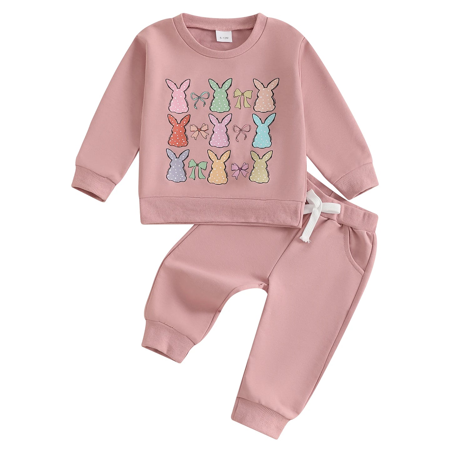 0-3Y  Baby Girls Easter Clothes Sets Rabbit Bow Print Long Sleeve Crew Neck Sweatshirt with Elastic Waist Pants