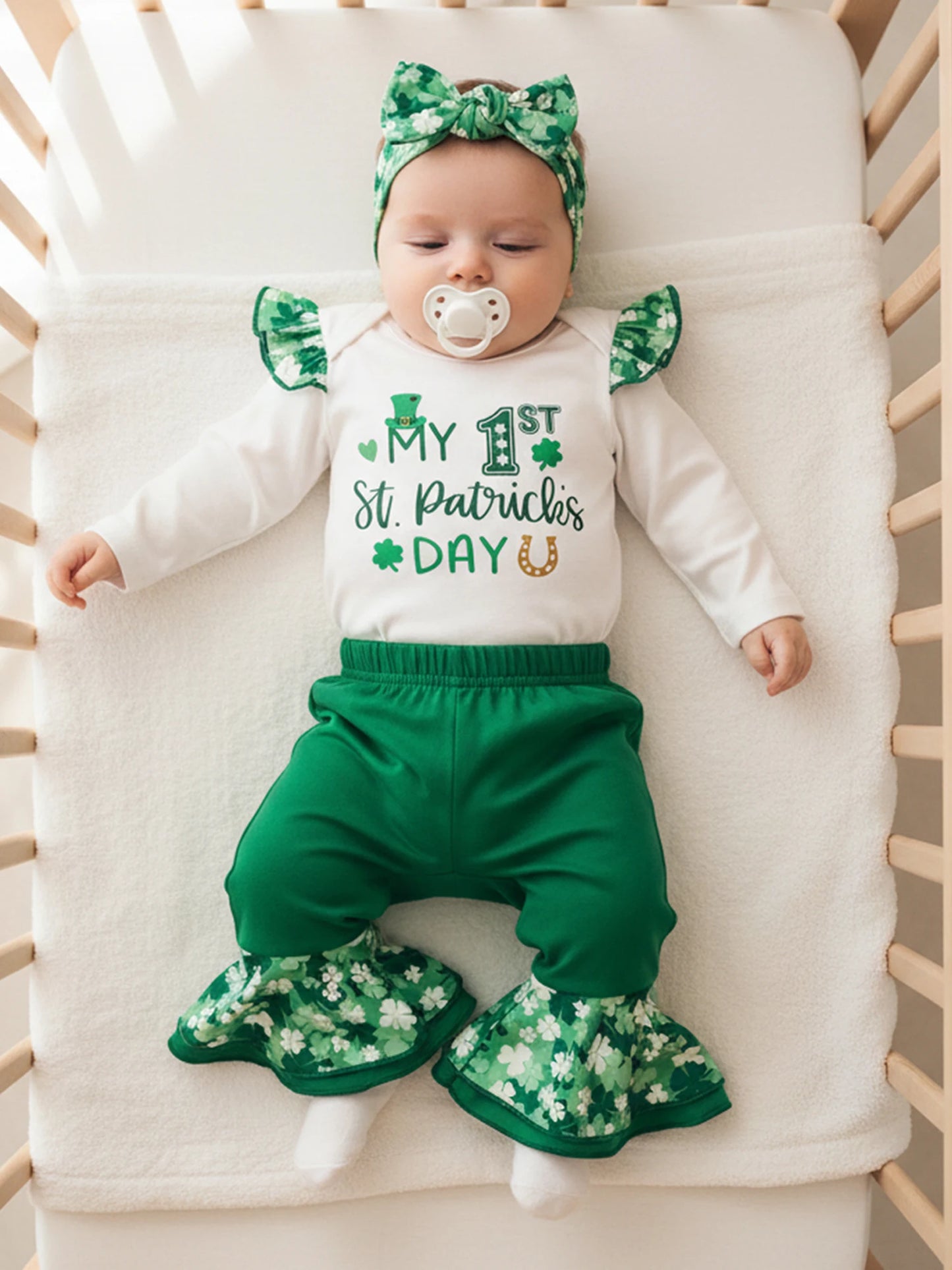 Baby Girls Boys Clover Print Outfit Set - Long Sleeve Romper with Flare Pants & Headband 0-18M