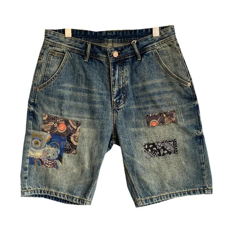 Men's Summer American Casual Embroidery Patch Vintage Denim Shorts