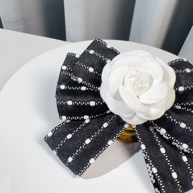 Fabric Art Bow Tie Camellia Flower Brooch - Women's College Style Shirt Necktie Fashion Accessory