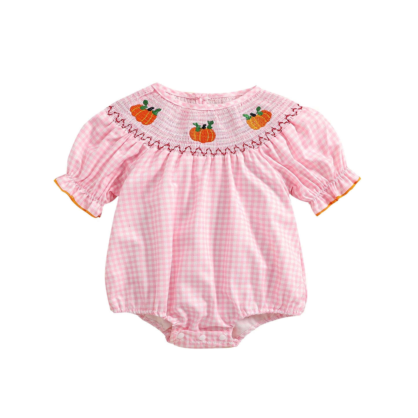 0-3Y Baby Girls Boys Romper Pumpkin Embroidered Plaid Print Short Sleeve Ruffled Jumpsuits