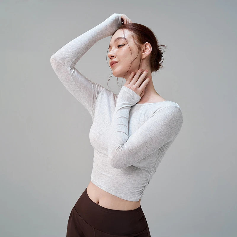 Ribbed Gym Top - Long Sleeve Drape Sides Yoga Shirt with Dry Fit