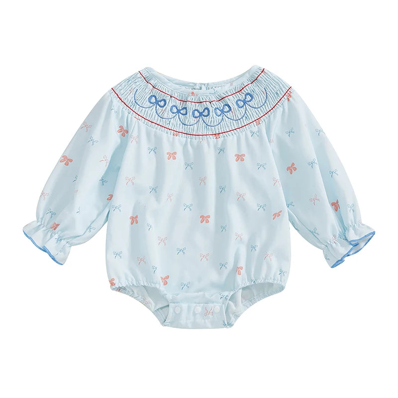 Baby Girls Casual Romper - Long Sleeve Embroidery Bow Print Jumpsuit