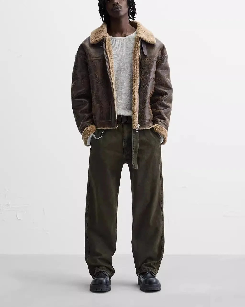 Men's Winter Lapel-Neck Jacket - Double-Sided Lamb Wool with Suede Piping