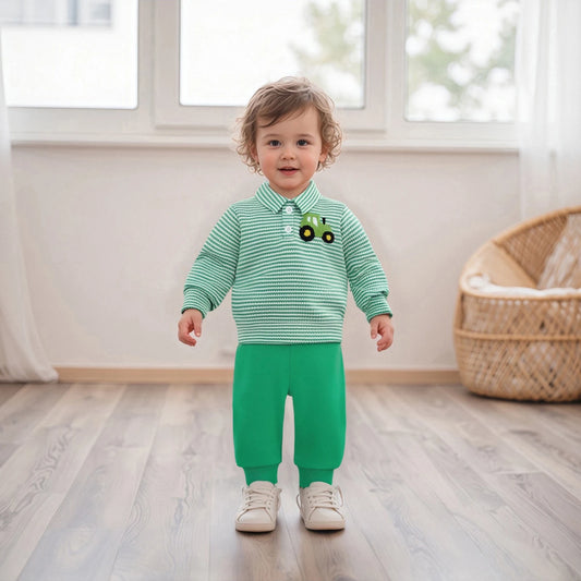 Infant Baby Boys Fall Winter Clothes Set - Long Sleeve Truck Embroidery Striped Top & Elastic Waist Pants