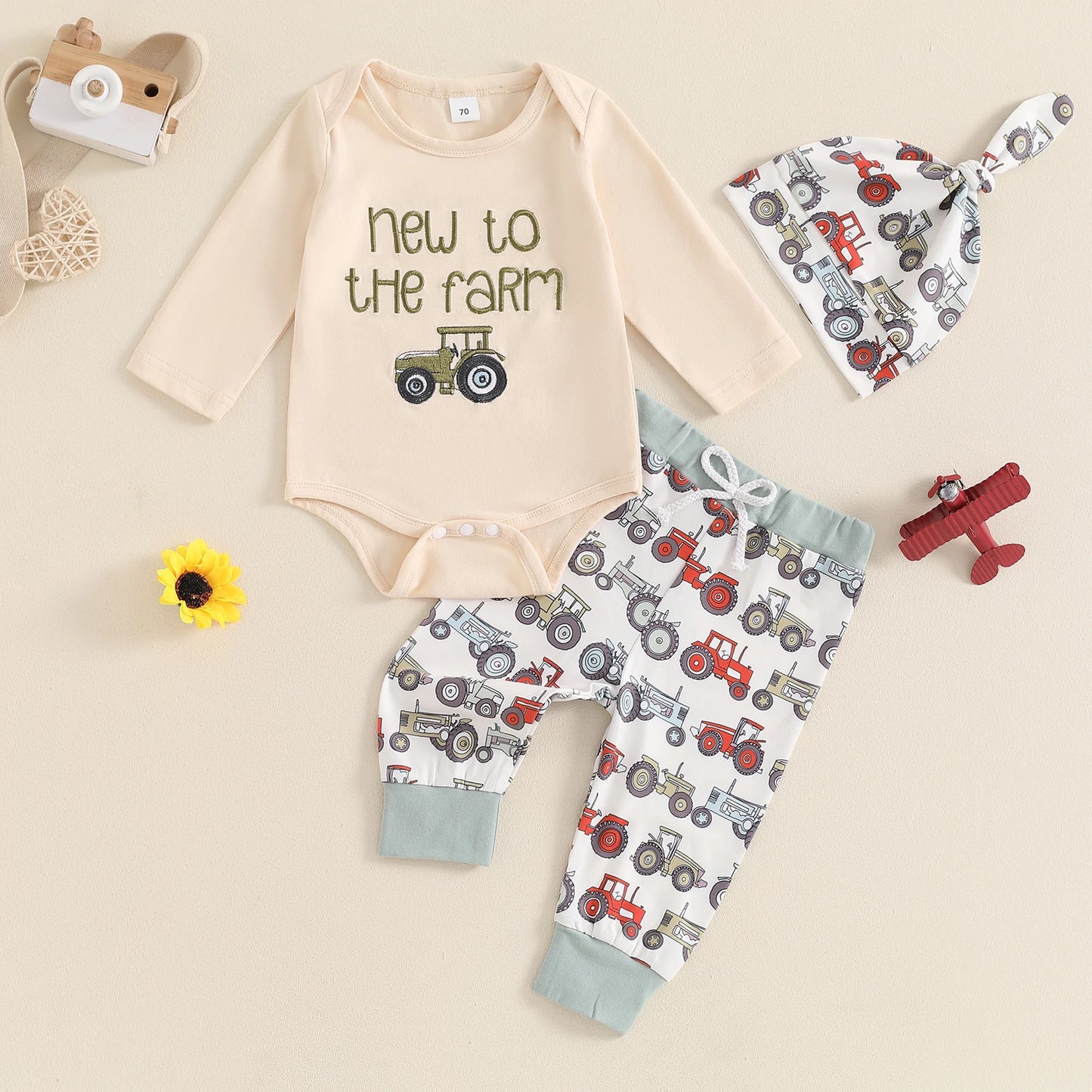 0-18M Newborn Baby Boys 3-Piece Clothing Set - Long Sleeve Romper with Tractor Pants and Hat