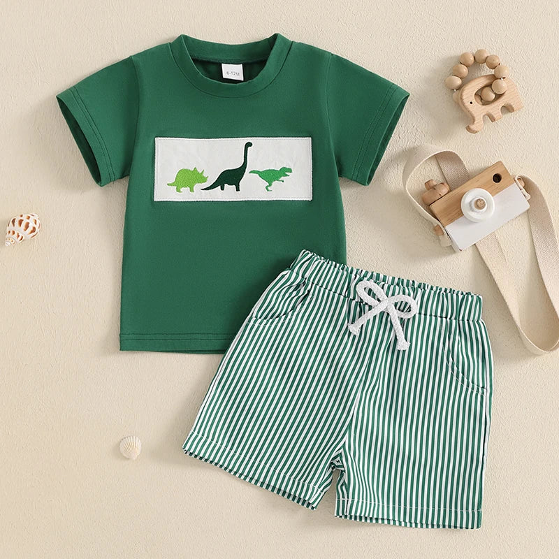 Baby Boys' Casual Outfit Set - Animal Embroidery Short Sleeve T-Shirt & Striped Shorts 2pcs
