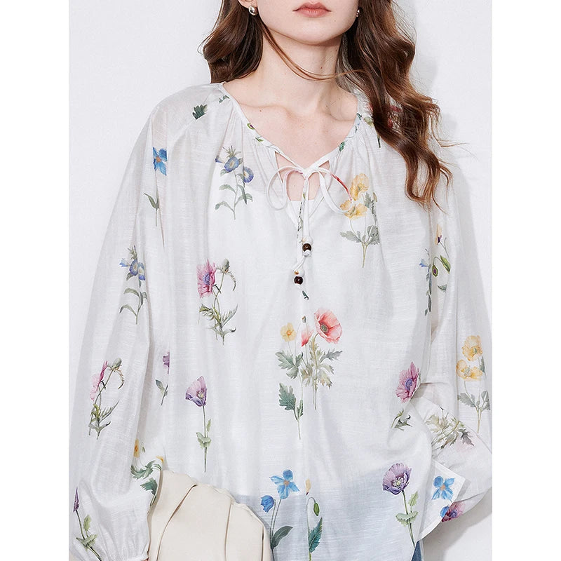 Women's Linen Blend Floral Print Blouse | Lantern Sleeves | O-Neck | Loose Fit | White | Spring Summer