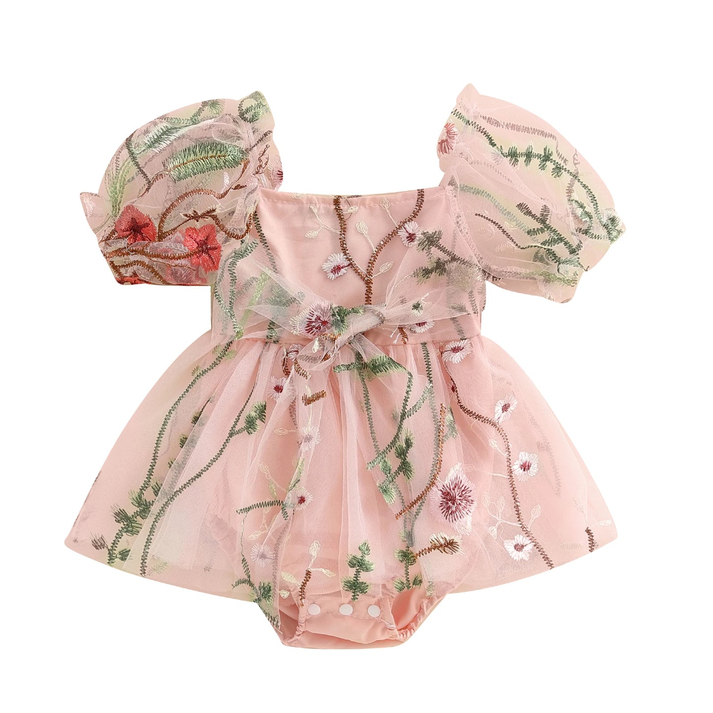 Baby Girls Princess Romper Dress - Flower Embroidery Mesh Skirt Bodysuit