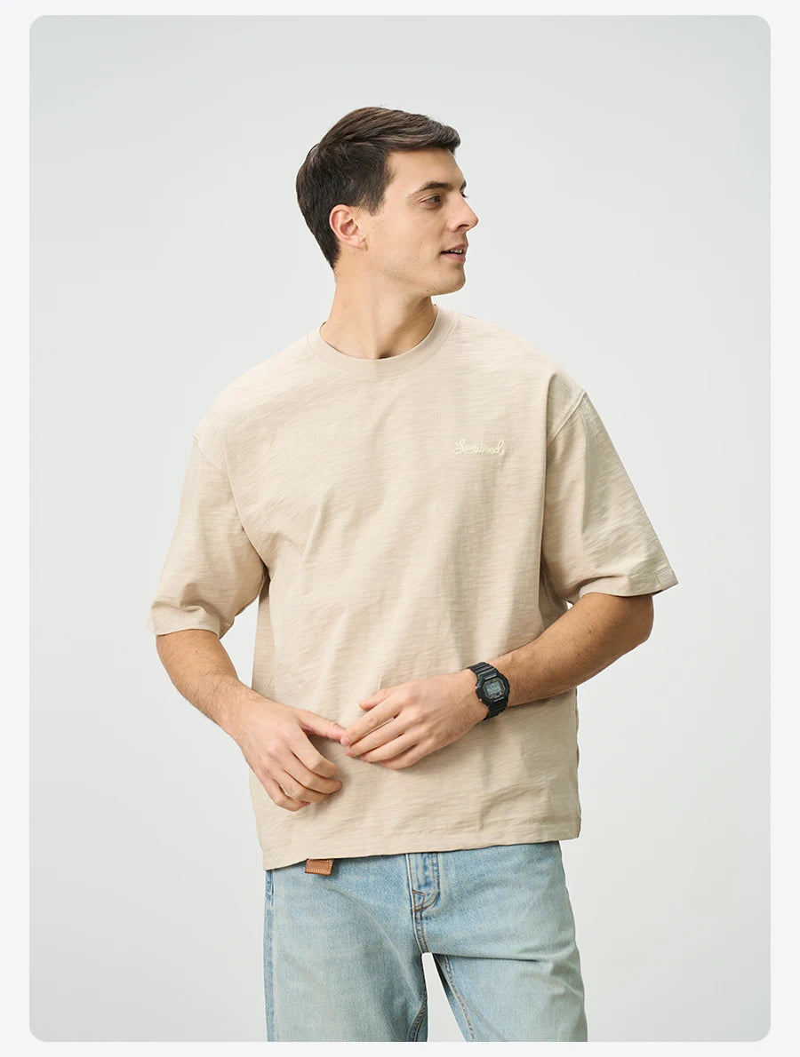Heavyweight 300gsm Slub Cotton Oversized T-Shirt with Letter Embroidery