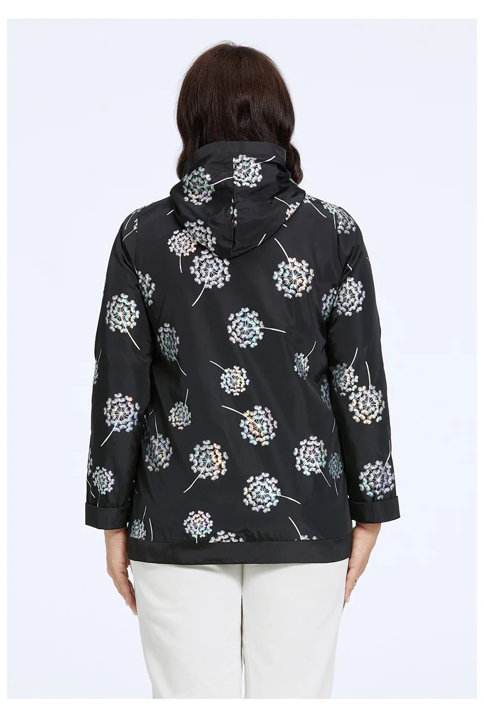 Women's Oversized Hooded Flower Print Zip Windbreaker Jacket