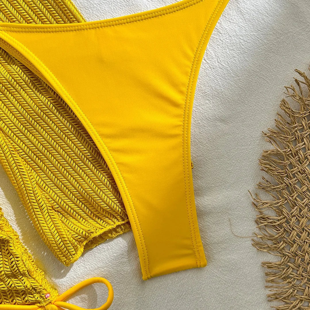 Women's Halter Bikini Set with Long Sleeve Cover-Up | Three-Piece Wire-Free Padded Swimwear