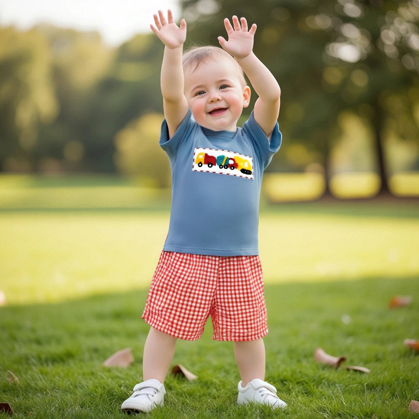 0-4Y Toddler Kids Boys Summer Clothes Sets Car Embroidery Short Sleeve Round Neck T-Shirts Plaid Elastic Waist Shorts