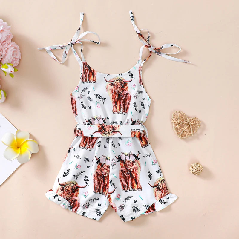 1-5Y Girl Summer Jumpsuits -  Shorts Western Cow/Flowers Print Sleeveless V Neck Button Overalls with Belt