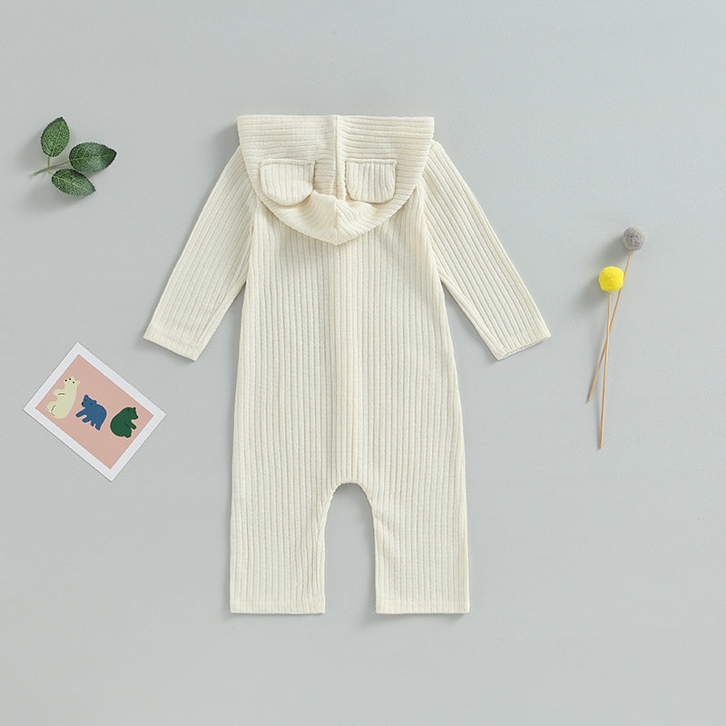 0-12M Autumn Baby Romper - Solid Colour Long Sleeve Hooded Jumpsuit for Boys & Girls