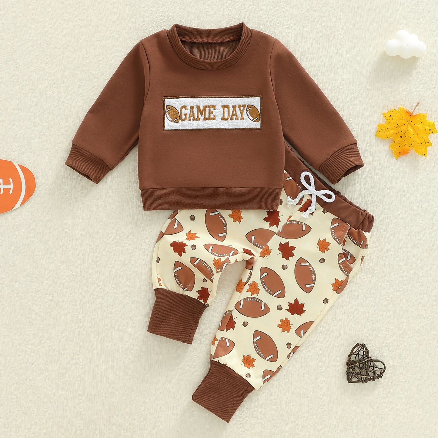 Baby Boys Thanksgiving Football Outfit Set - Rugby Long Sleeve Sweatshirt & Leaf Pants (0-3Y)