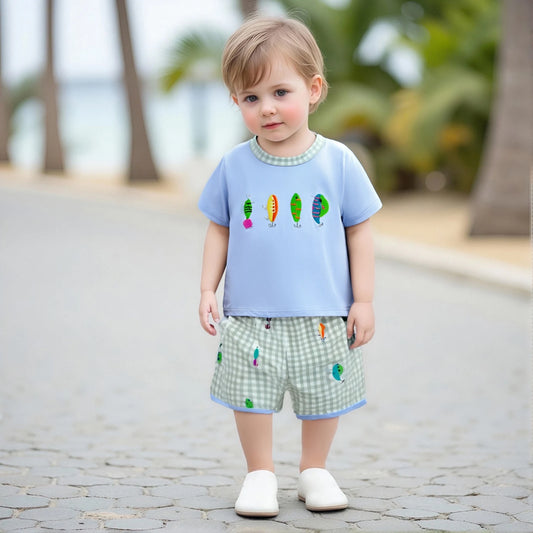 0-4Y Casual Kids Boys Summer Clothes Sets Short Sleeve Fish Embroidery T Shirt and Plaid Drawstring Shorts Set