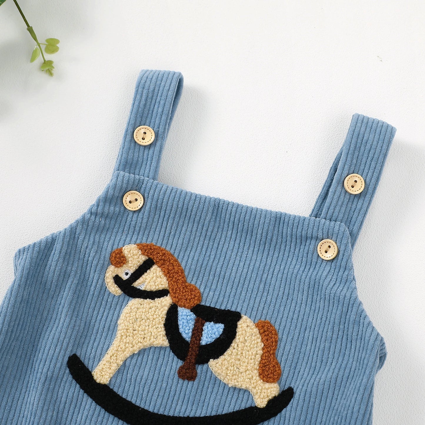 Baby Overalls Romper - Rocking Horse Embroidered Sleeveless Corduroy Bodysuit