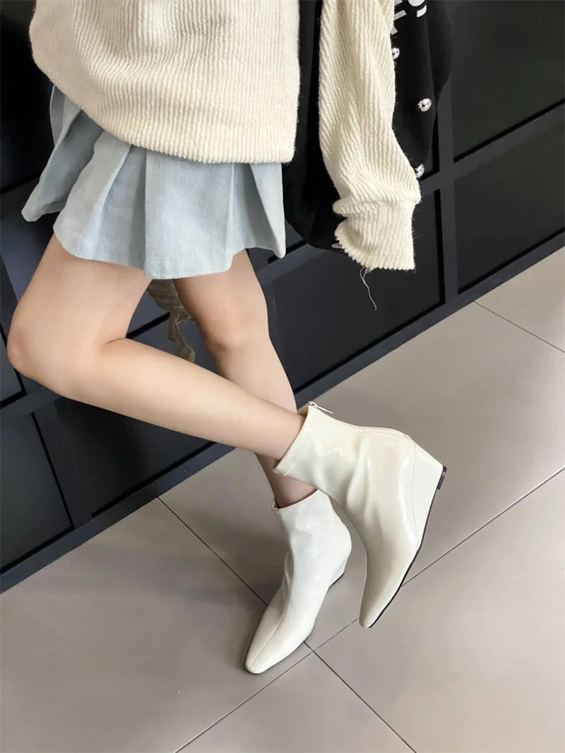 Patent Leather Pointed Toe Chelsea Ankle Boots | Wedge Heel & Rear Zip