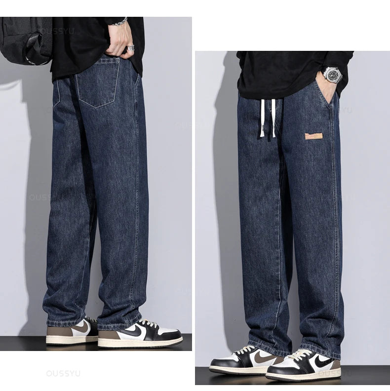 Men's Cotton Drawstring Elastic Waist Denim Jeans