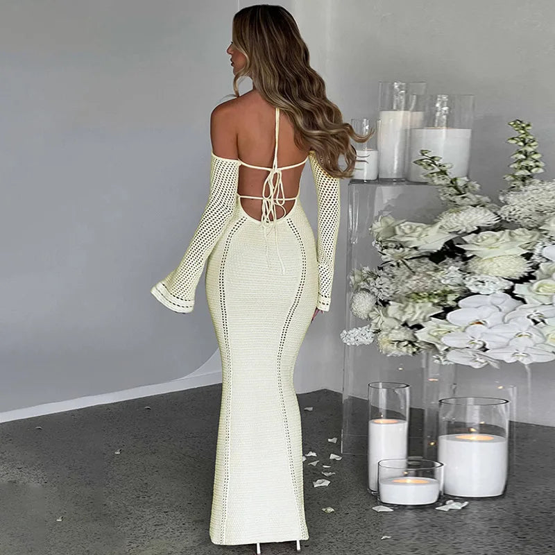 Women's Off Shoulder Halter Knit Dress - Long Sleeve Elegant Backless Tie Front Maxi Dress