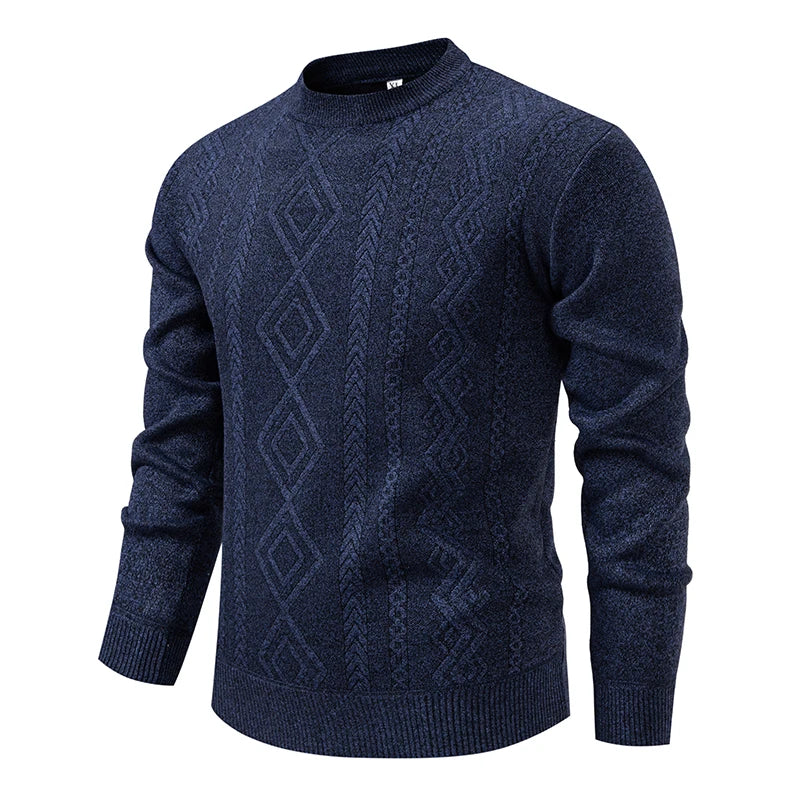O-Neck Fleece Pullover - Thick Knitted Geometric Sweater