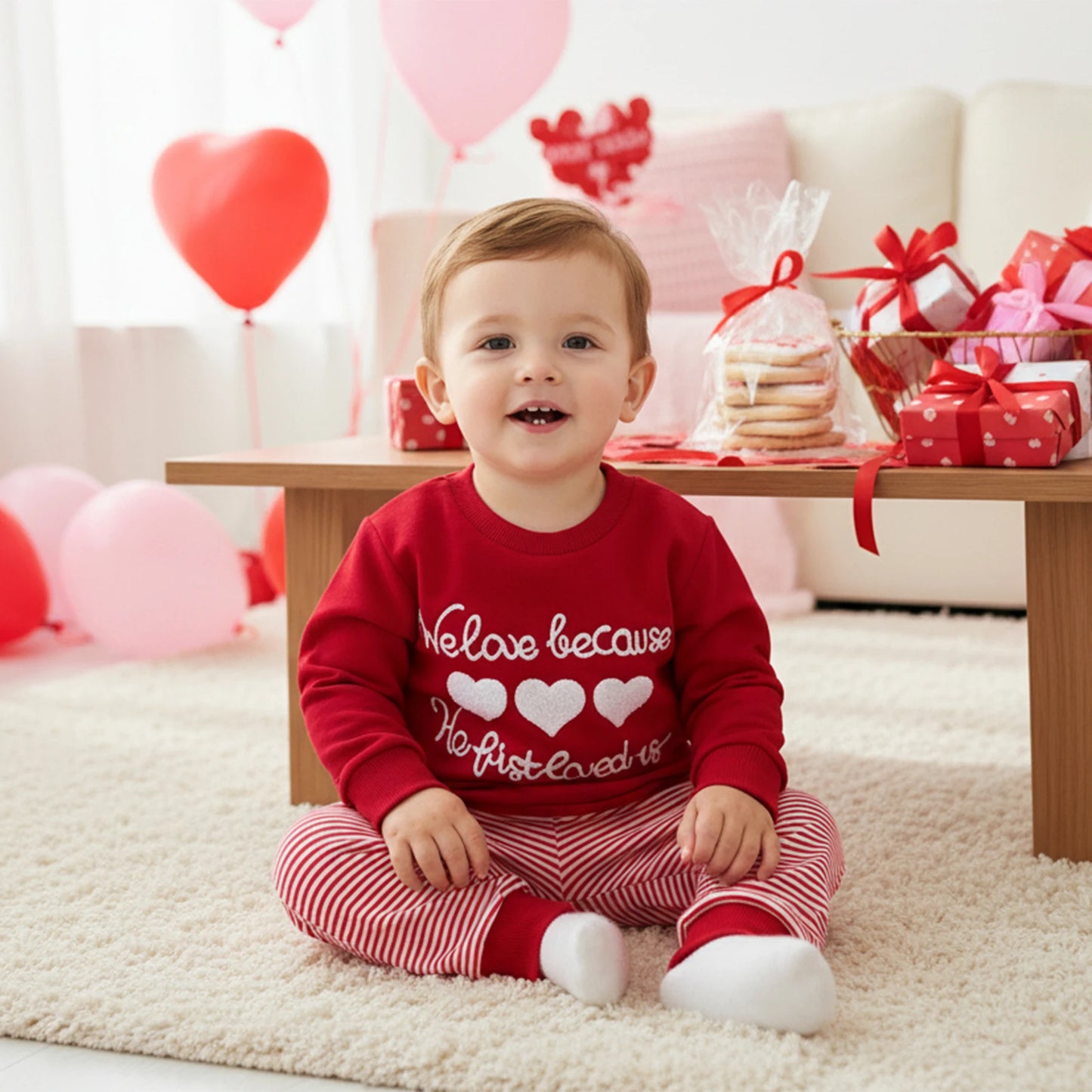 Valentine's Day Baby Boys Outfit Set - Heart Embroidery Sweatshirt & Stripe Pants
