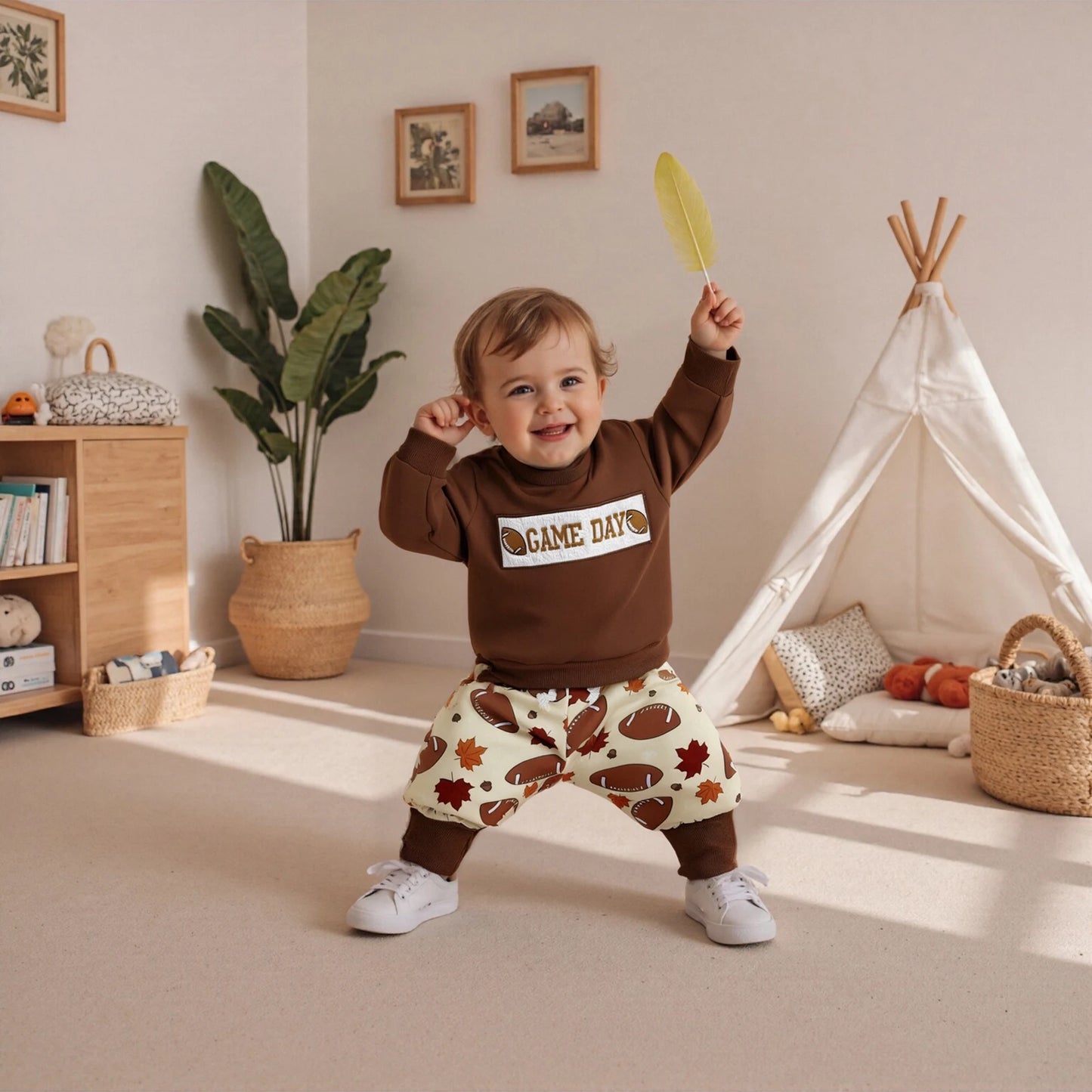 Baby Boys Thanksgiving Football Outfit Set - Rugby Long Sleeve Sweatshirt & Leaf Pants (0-3Y)
