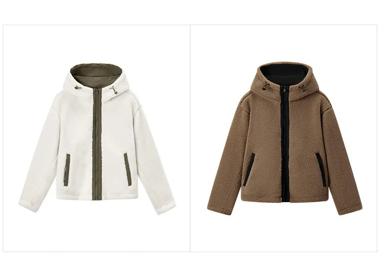 Women's Anti-Static Faux Sherpa Hooded Jacket - Loose Fit Color Block Winter Coat