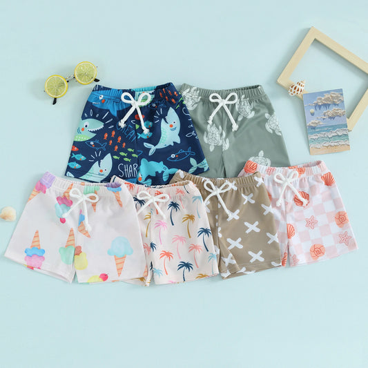 Toddler Boys Swim Trunks - Cartoon Print Elastic Waist Shorts (0-4Y)
