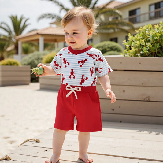 Baby Boys Striped Lobster Print Summer Set - T-Shirt & Solid Shorts (0-3Y)