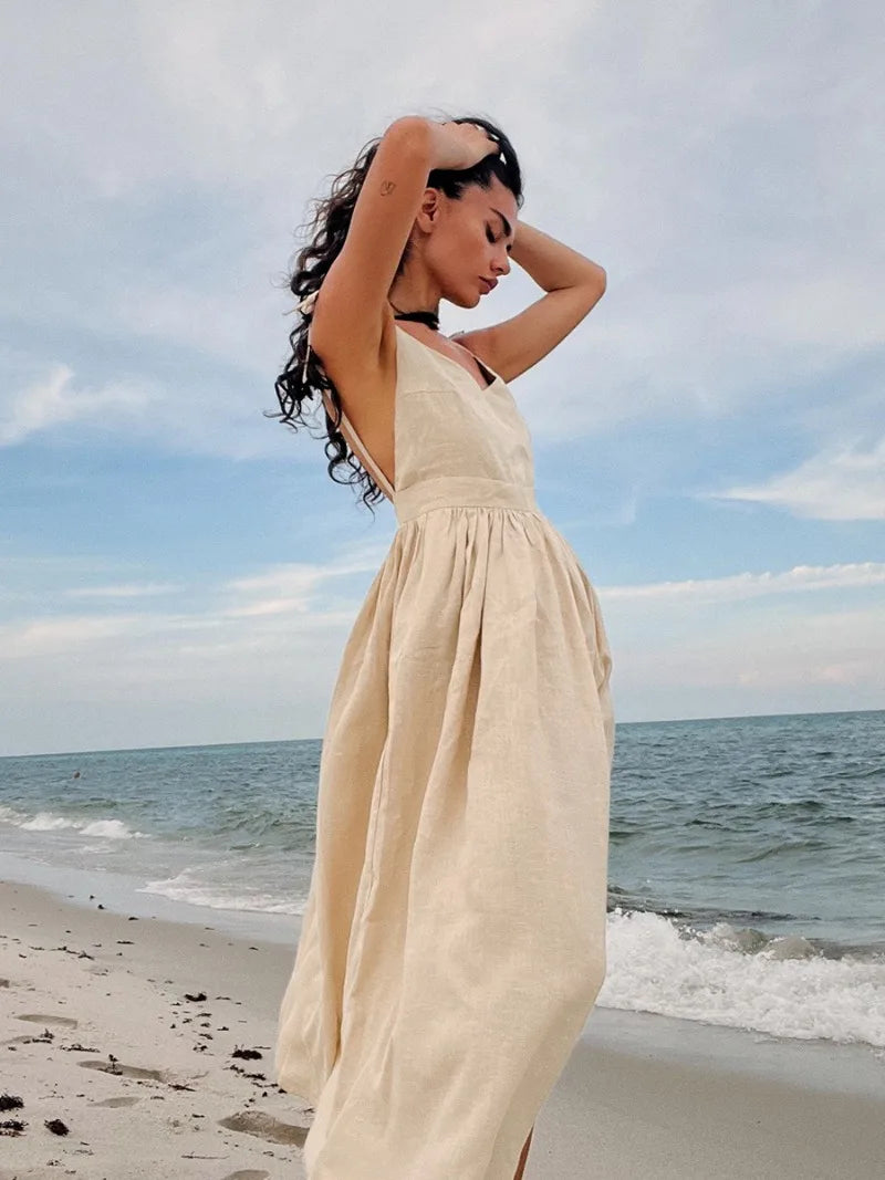 Women's Backless Beach V Neck Splice Folds Long Elegant Bandage Maxi Sundress