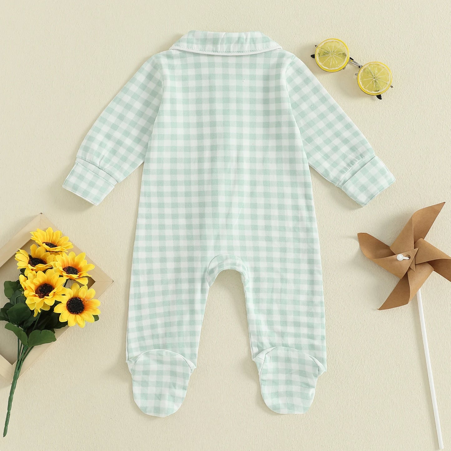 Newborn Baby Plaid Romper - Doll Collar Long Sleeve Zip-Up Footed Jumpsuit