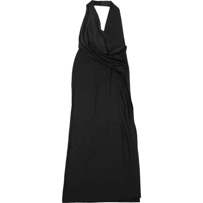 Women's Halter Draped Ruched Maxi Dress - Backless Deep V Neck Gown