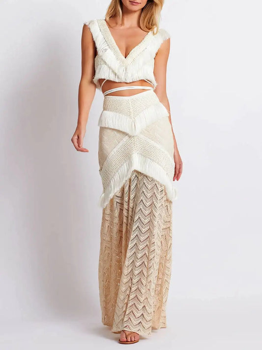 Women's Two Piece Set V Neck Sleeveless Top and Waist Chic Slit Skirt