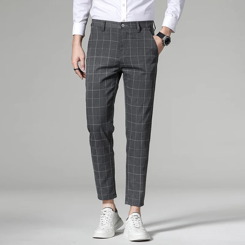 Men's Stripe Plaid Ankle Length Trousers