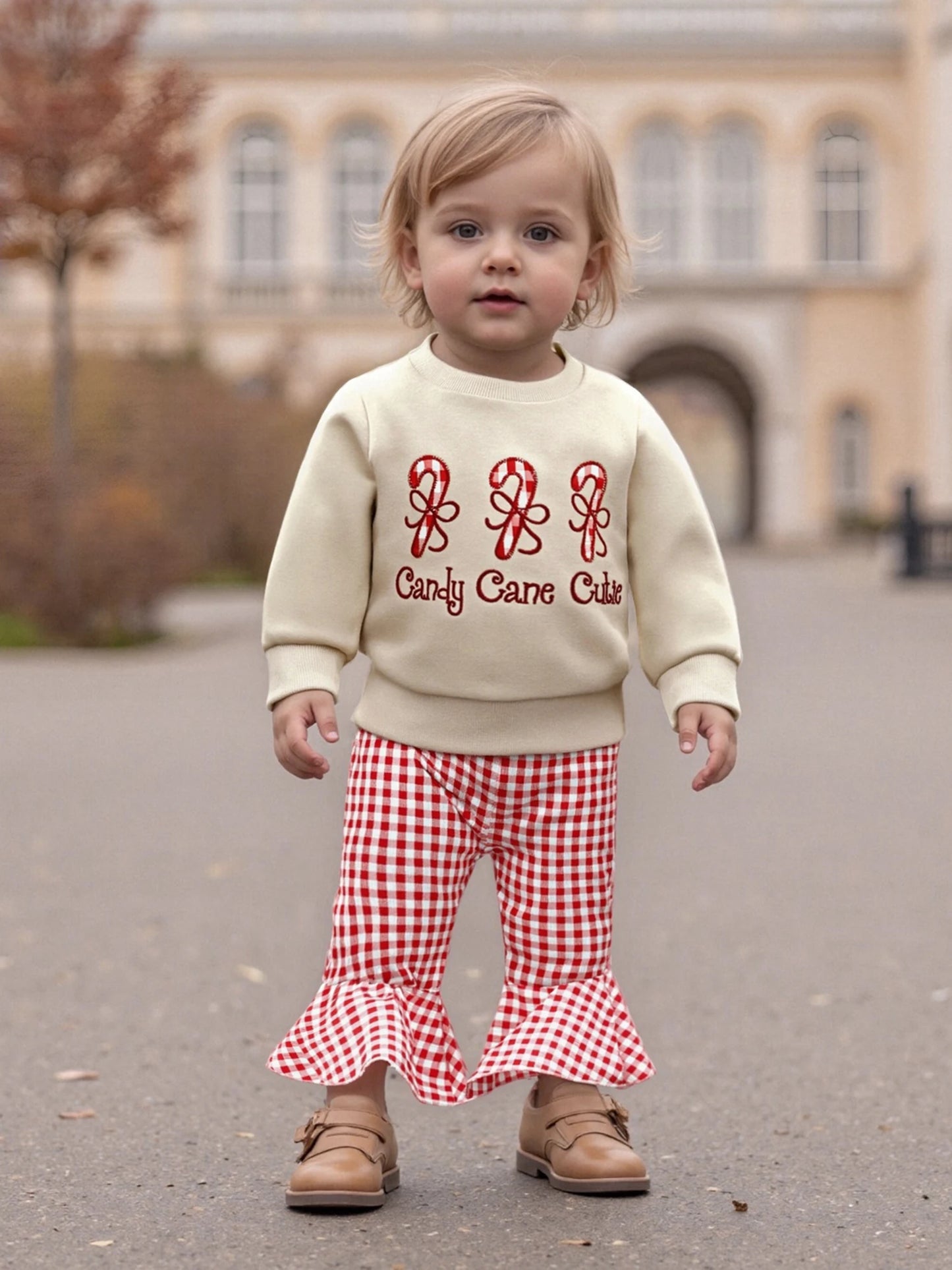 Baby Girls 2-Piece Christmas Clothes Set - Candy Cane Bow Embroidery Sweatshirt & Pants (0-3Y)