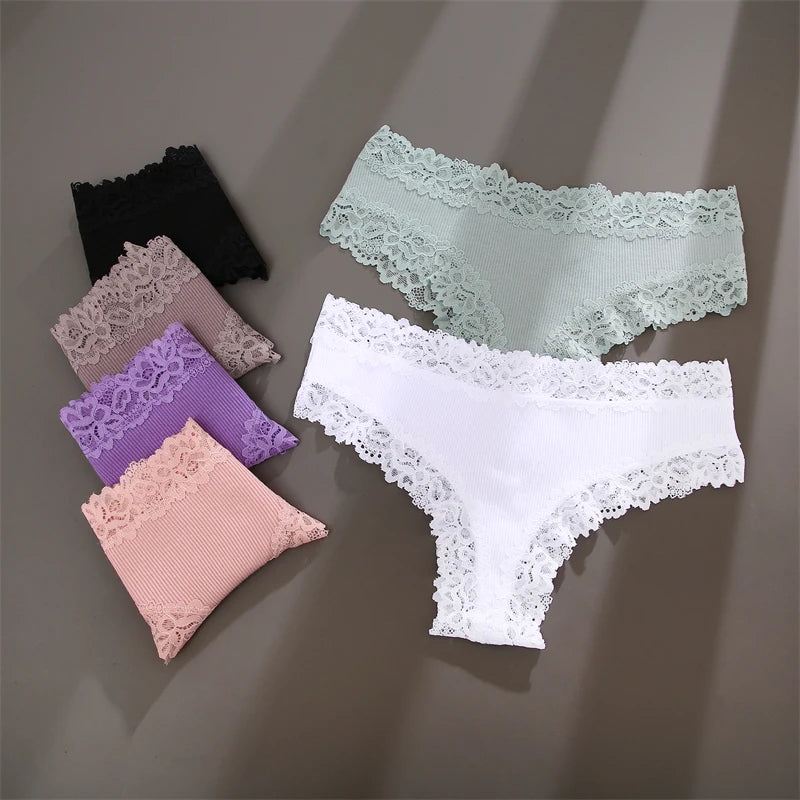 5PCS Women Cotton Lace Underwear Low Waist Briefs Breathable G-String Lingerie