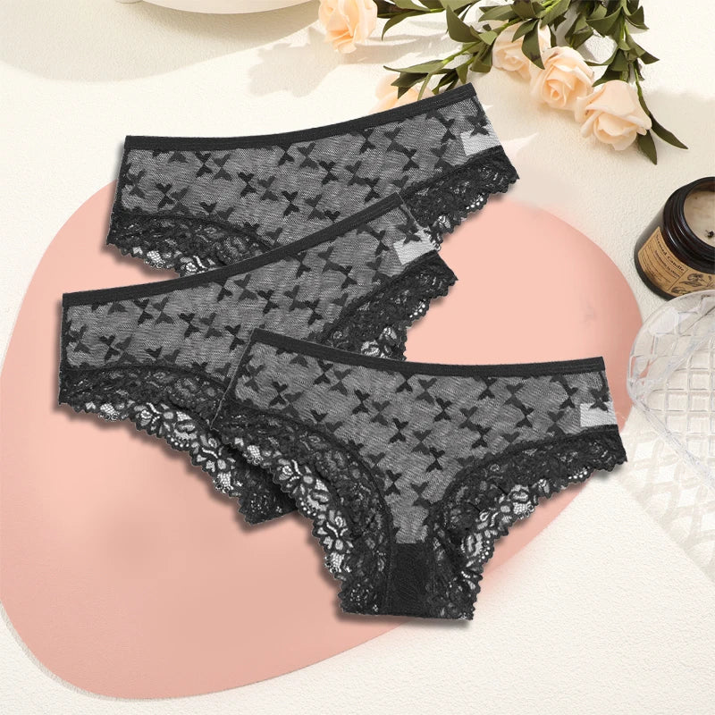 Women's Lace Underwear 3-Piece Set - Floral Hollow Out Briefs