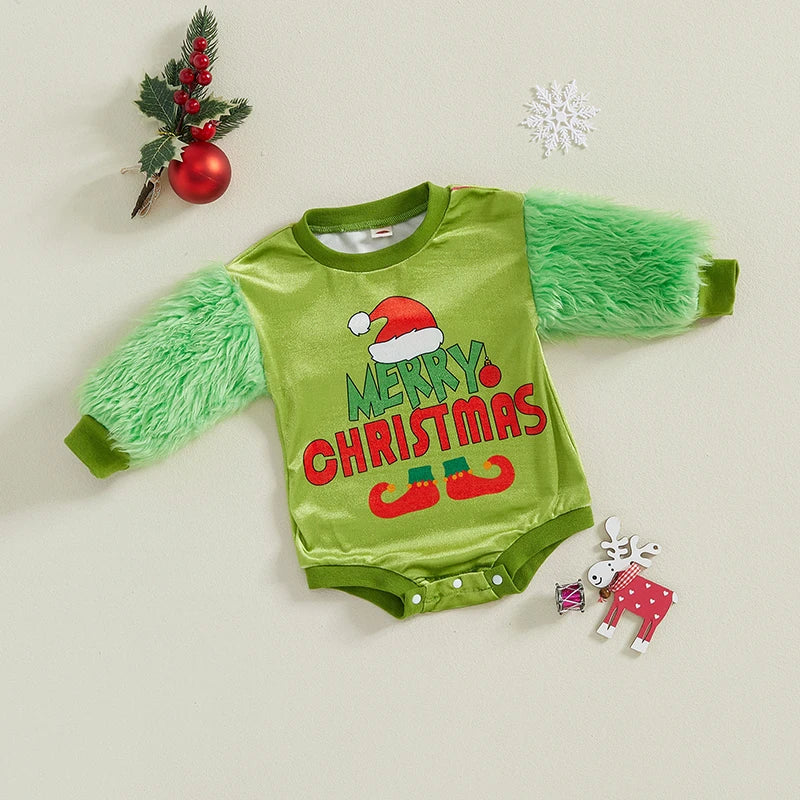 0-18M Baby Boys Girls Christmas Fleece Romper Letter Print Fur Patchwork Long Sleeve Plush Jumpsuits