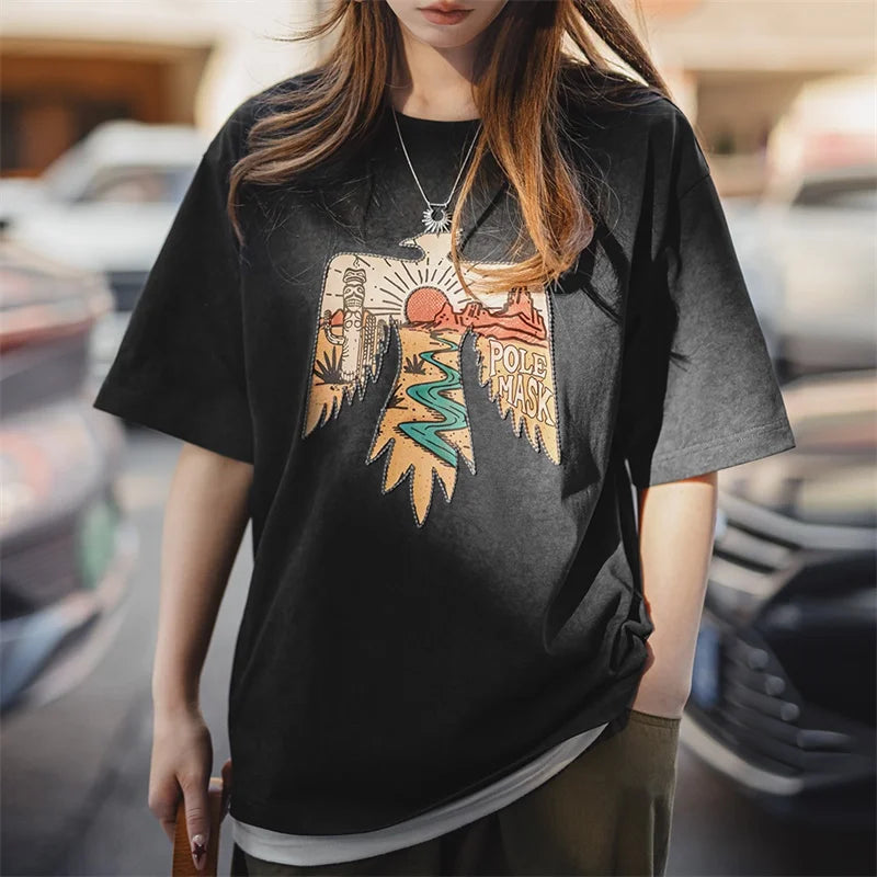 Women's Retro Thunderbird Print T-Shirt - Heavyweight Embroidered Tee